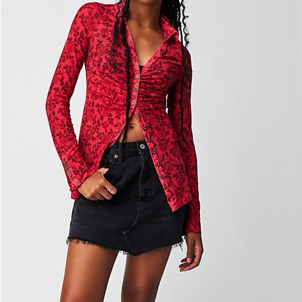 Free People Lucky Shirtee - Floral Red Sheer Button-Up Women's Top